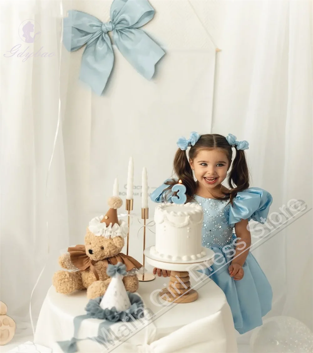 

Атласное платье с блестками и короткими рукавами для милых девочек, платье с цветами для дня рождения, красивые детские свадебные платья по индивидуальному заказу