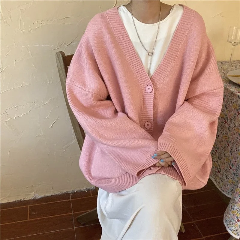 

Sweaters Women Pink Girlish Korean Style Lady Simple Solid V-neck Long Sleeve Cardigans Students Loose All-match Knitting Female