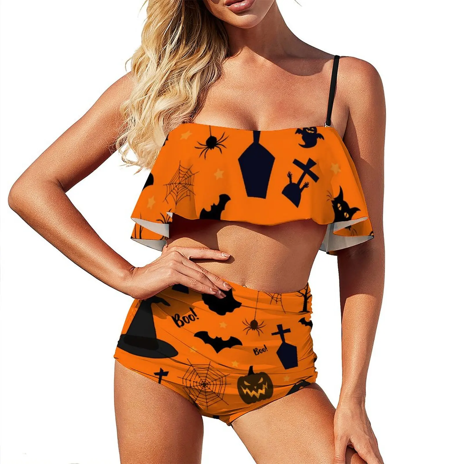 Happy Haunts Bikini Swimsuit Halloween Cat Ghost High Waisted Swimwear Sexy Fashion Bikini Set Women Push Up Bathing Suit Gift