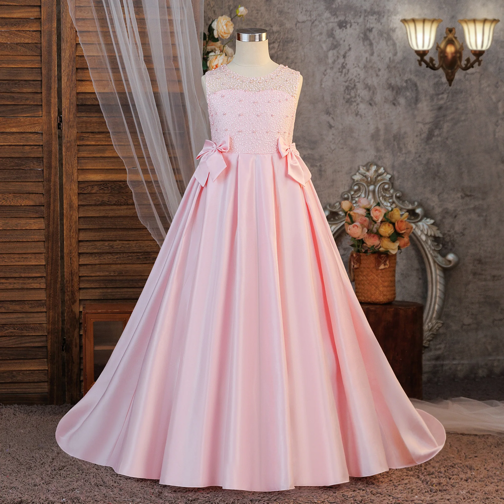 Elegant Bow Baptism Bridesmaid Party Girls Dress Formal Trailing Wedding Princess Evening Dresses Girl First Communion Prom Gown