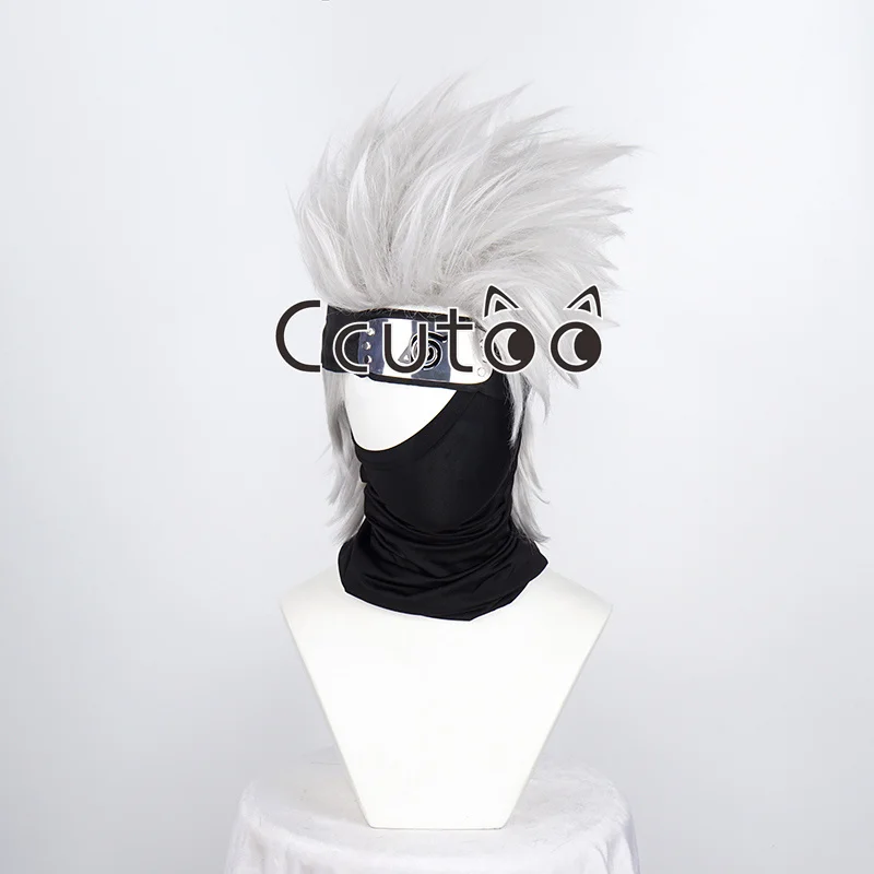 

Hatake Kakashi Короткие серебристо-серые синтетические волосы Термостойкие парики для косплея Потрібно стили + повязка на голову + маска