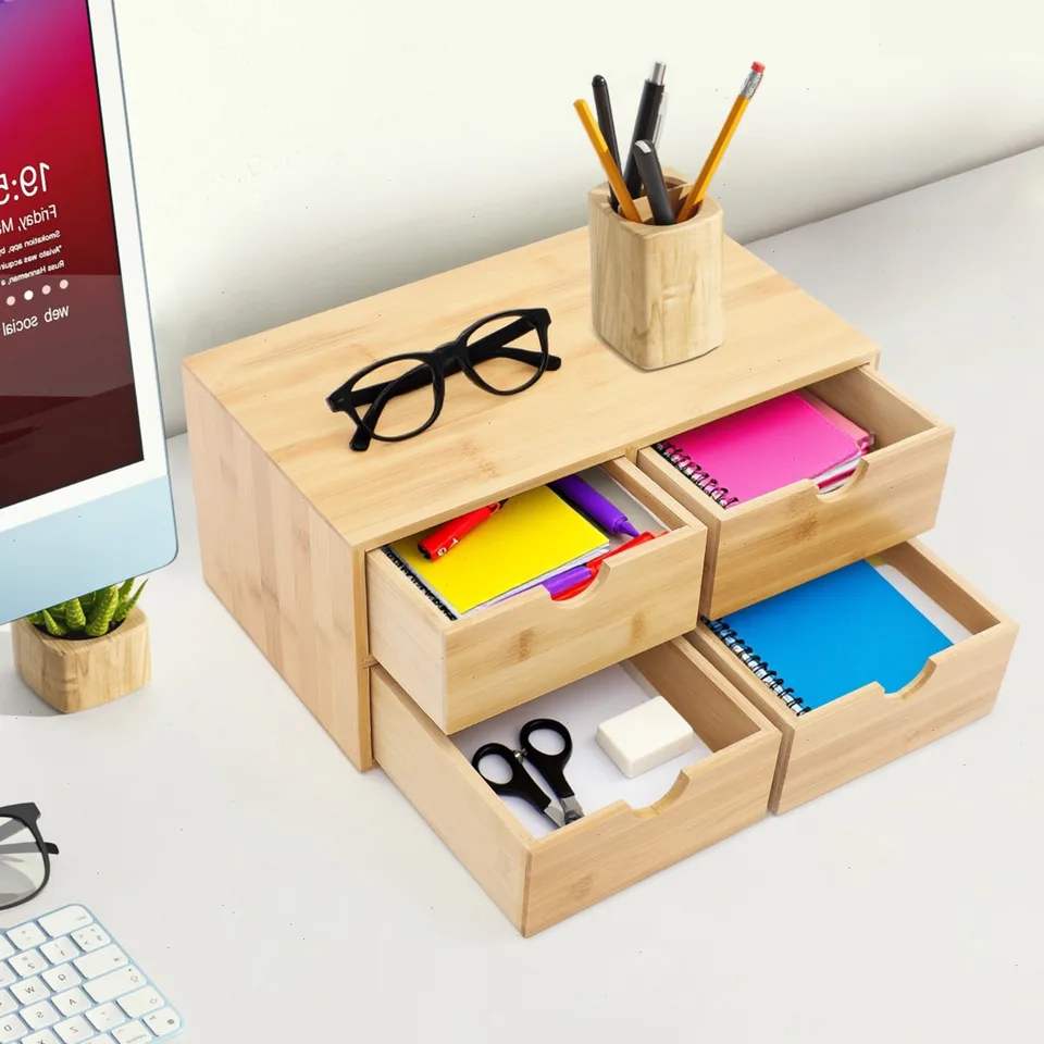 Bamboo 4-Drawer Desktop Organizer for Home Office
