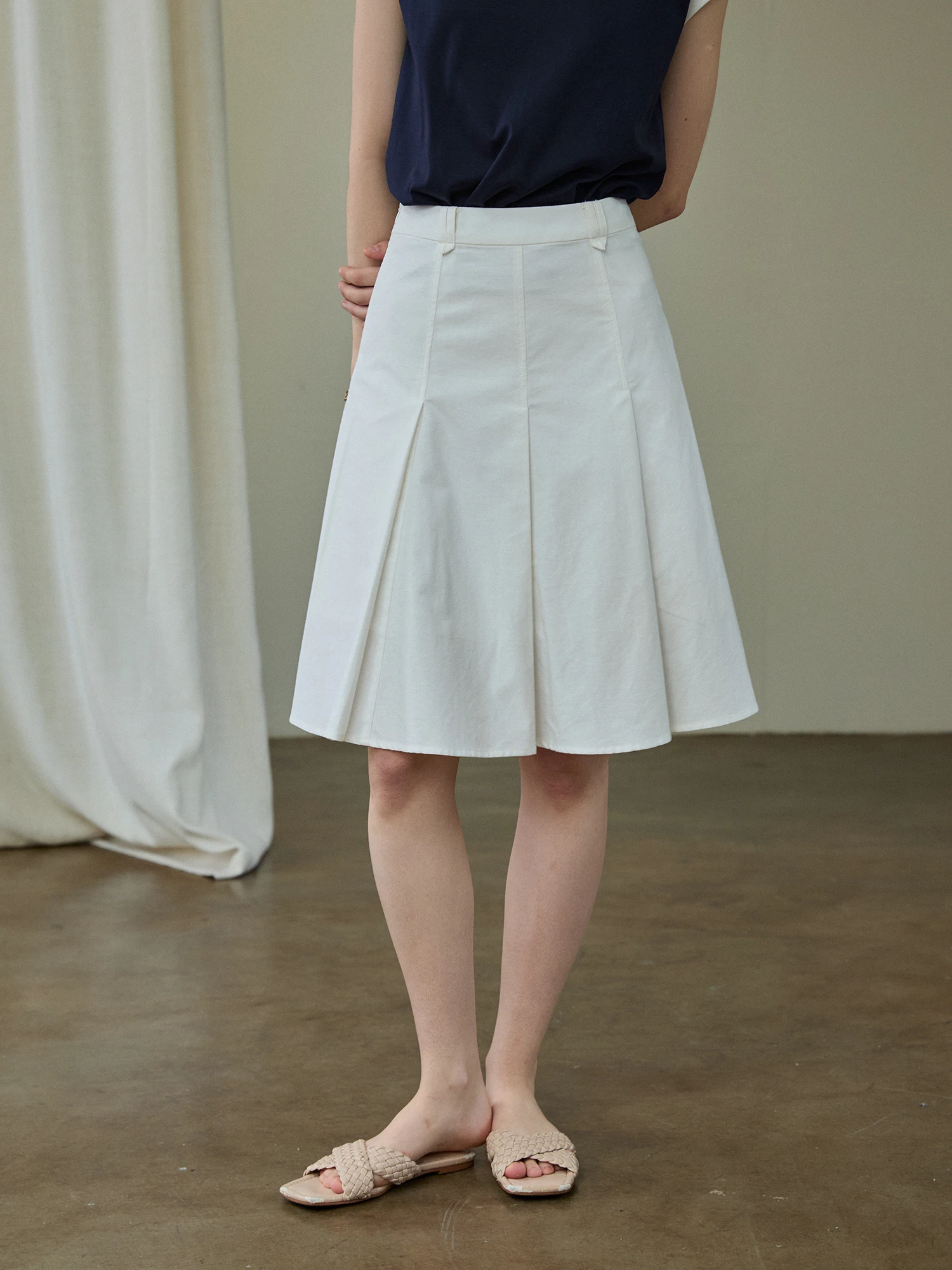 White A-Line Pleated Skirt Women's Summer Commute High Waist Cotton Linen Polyester Blend Fabric Midi Skirt Vintage Design