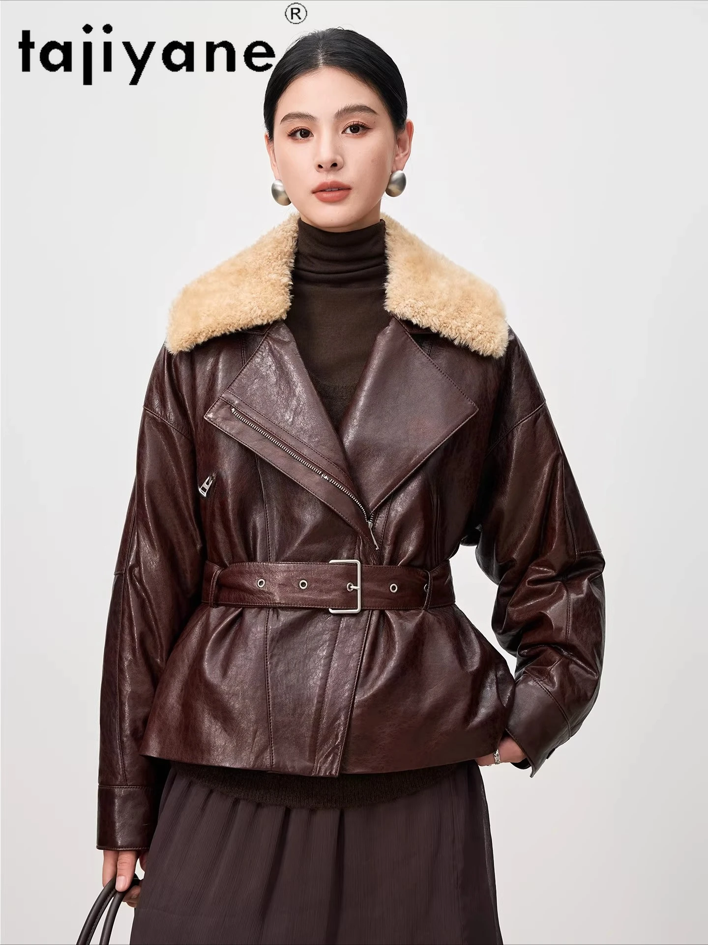 TAJIYANE 리얼 양가죽 구스다운 코트 여성용 울 칼라 패딩 재킷 진짜 가죽 재킷 여성용 2025 여성 의류