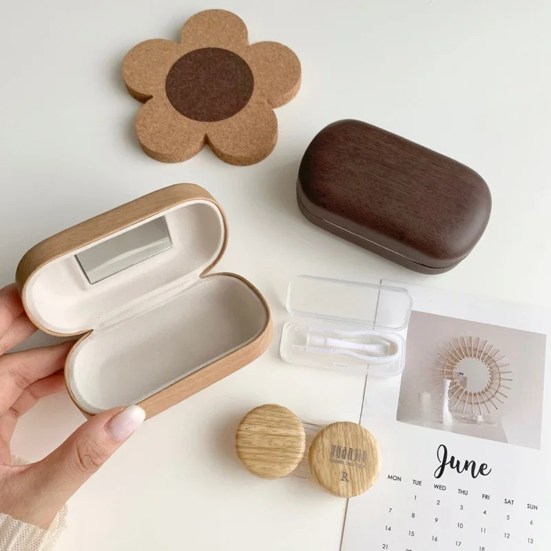 Vintage Glasses & Contact Lenses Case: Leather Wood Grain Organizer Simple Solid Color Leak-proof Eye Beauty Jewelry Box.