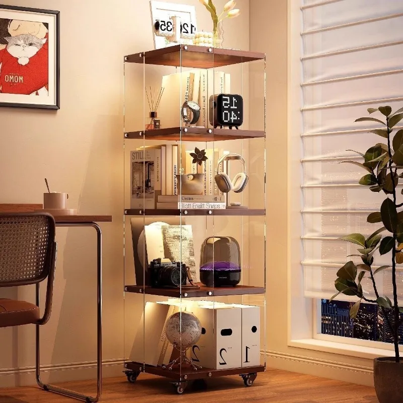 Acrylic Rotating Bookshelf 360 Degree, Wheeled Multi-layer Solid Wood Storage Rack beside TV for Living Room