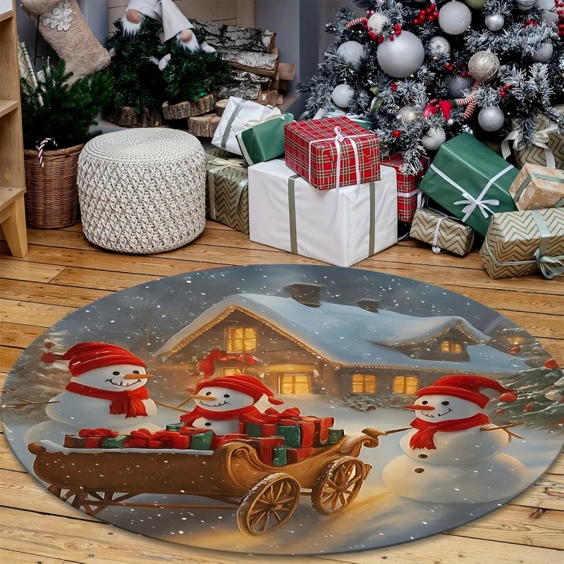 Vintage Snowman Round Carpet Top Hat Golden Scarf Holly Pine Cone Snowy Forest Background Warm Retro Christmas Decor Round Rug