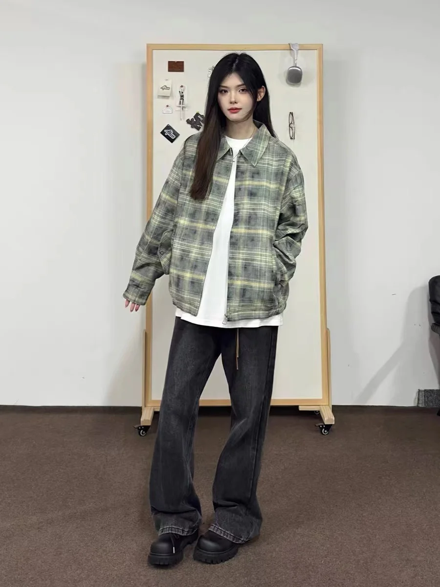 

Ретро американский клетчатый джемпер для мужчин и женщин, повседневный свободный топ, осенний новый молодежный тренд, длинный свек, откидной воротник