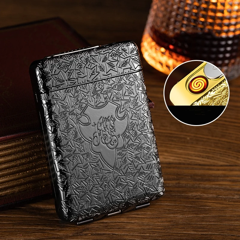 

New Versatile USB Cigarette Box Lighter Vintage Windproof Metal Three Open Cigarette Box 16 Capacity Portable Lighter Men's Gift