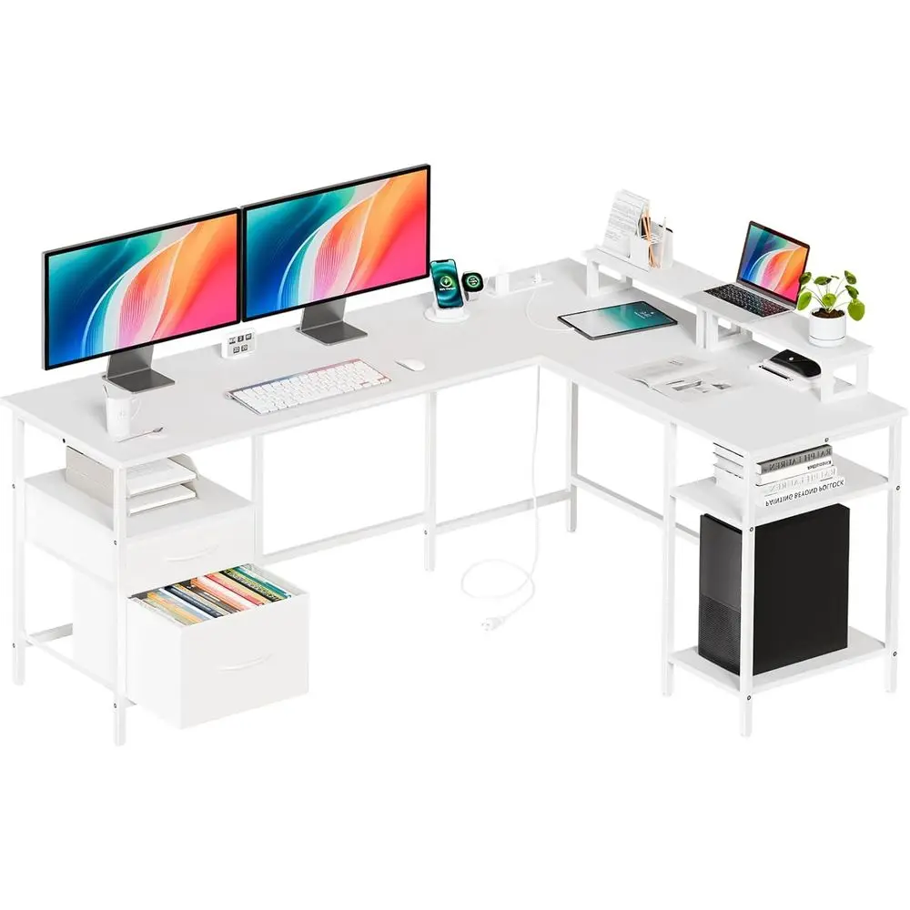 

62 L-Shaped Gaming Desk with Charging, 2 Monitor Stands, Adjustable Shelves, White