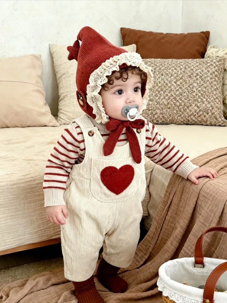 Korean baby boy and girl corduroy Love pocket embroidery Sleeveless overalls spring and autumn loose casual jumpsuit pants