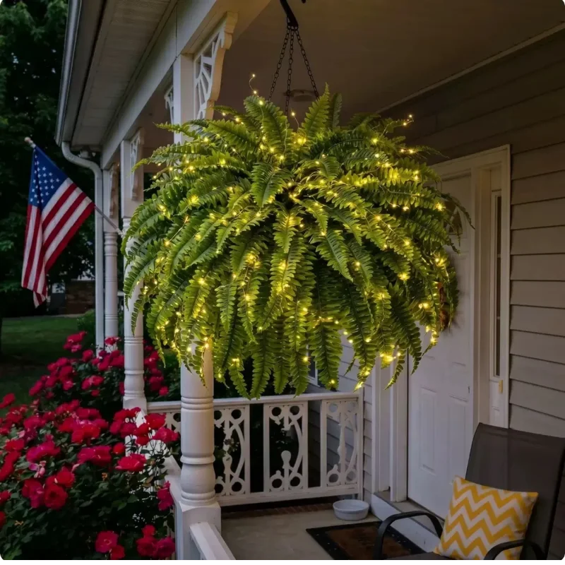Glowing Boston Ferns with Lights Pre-Lit Artificial Ferns UV Resistant Faux Hanging Plants for Porch Patio Garden Home Decor