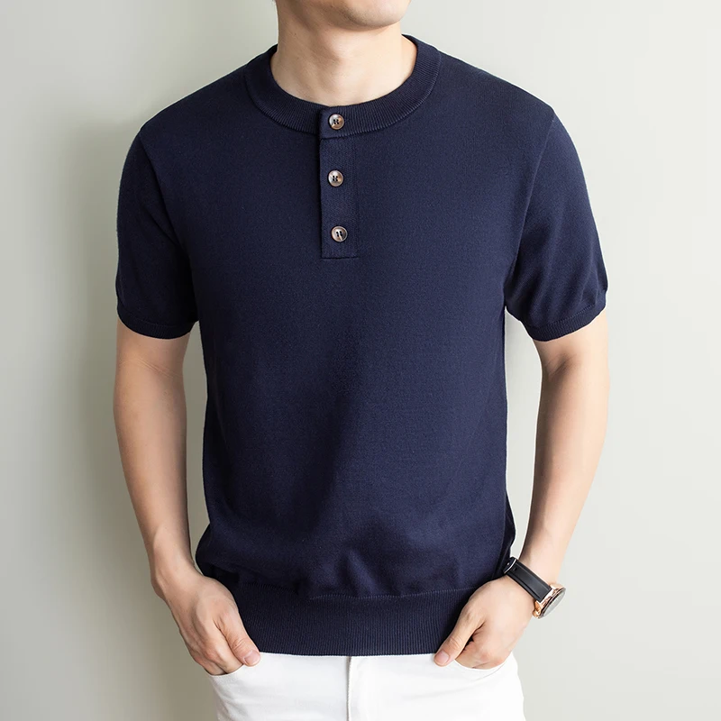 

Men Slim Viscose Knitwear Summer New Trendy Henry Collar Jumper Short Sleeve Tops Pullover Breathable Knitting t-shirts
