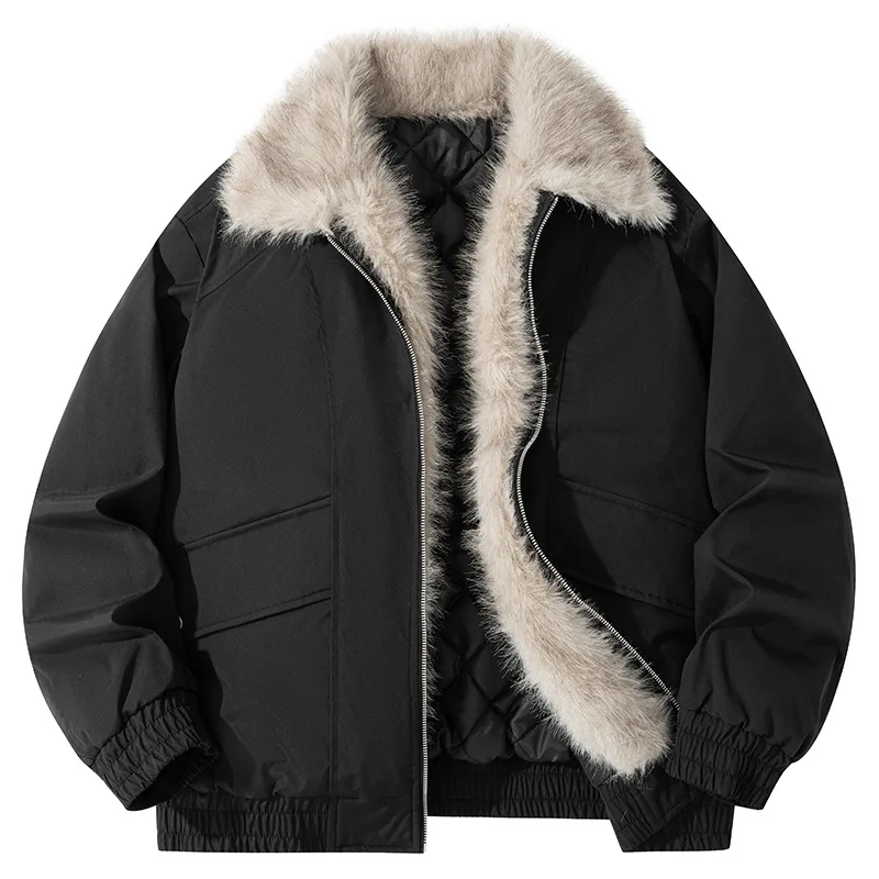 

Man Jacket Winter Thicken Patchwork Fur Turn Down Collar Male Coat Fashion Long Sleeve Pocket Pocket Zipper Loose Men Outerwear