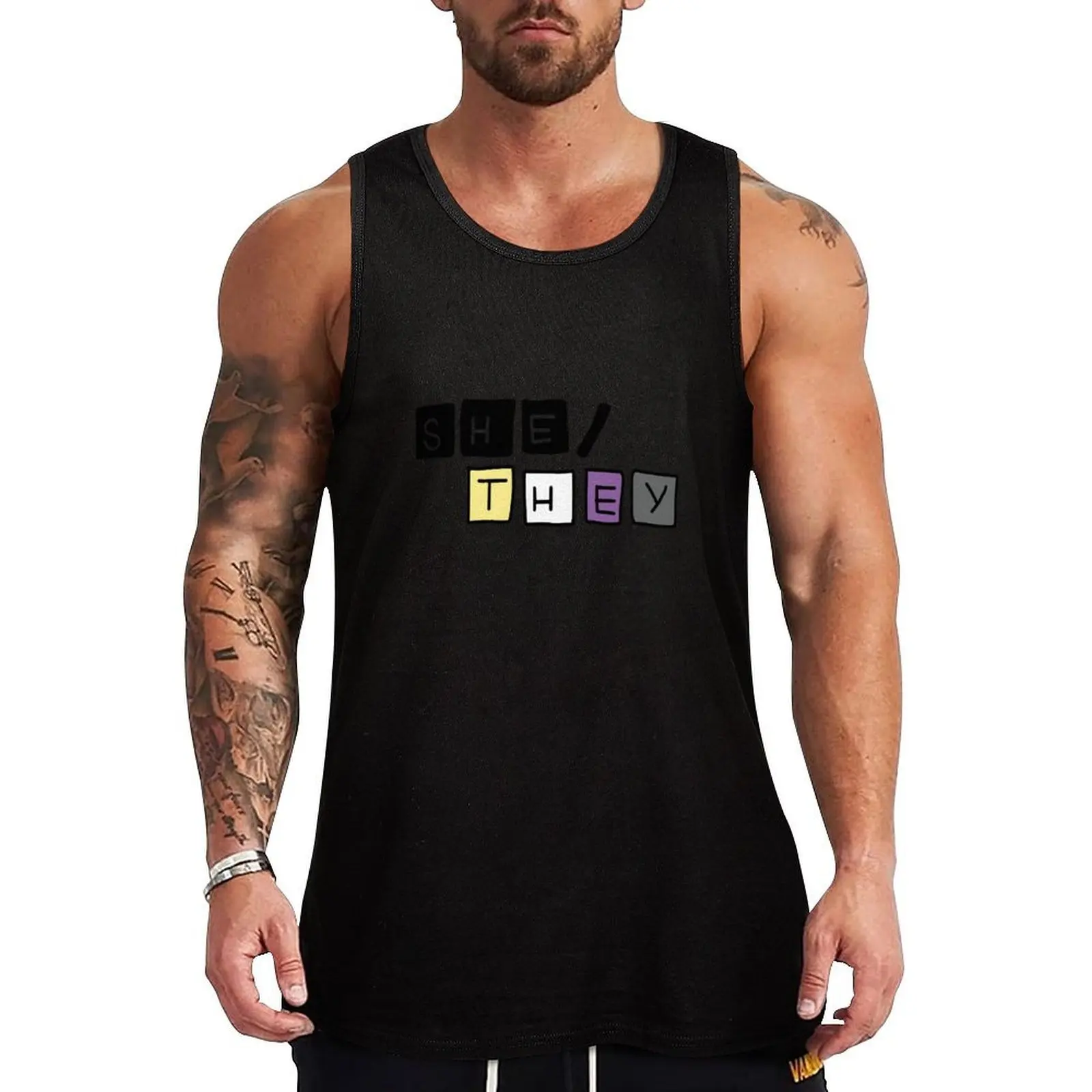 Pronouns She/They with Nonbinary Flag Tank Top Casual Summer Tank Top Relaxed Fit Sleeveless Wear