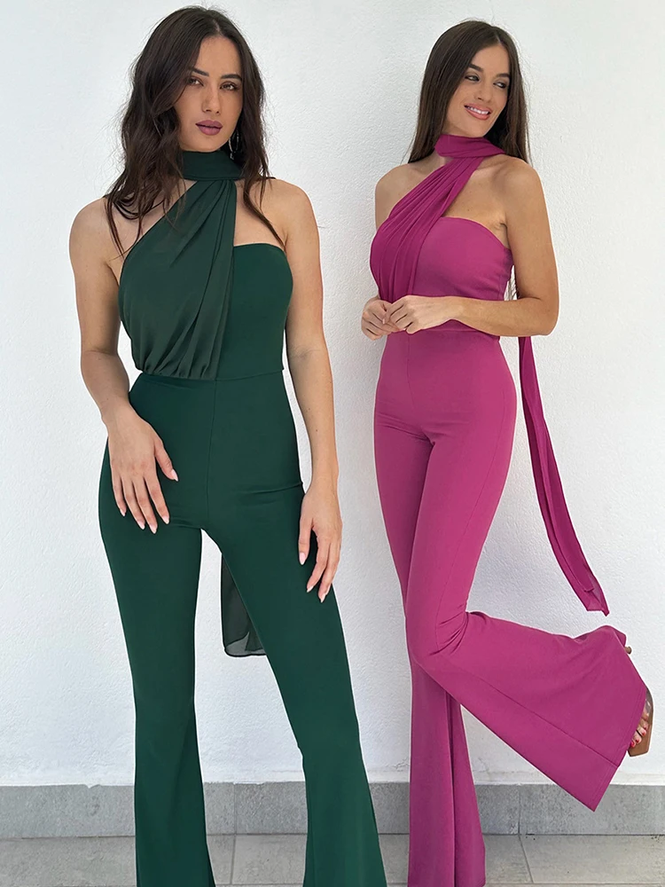 Sibybo Summer Skinny Sleeveless Backless Jumpsuit Sexy Halter Bare Shoulder Ribbon Flared Trousers  Fashion Spicy Girl Clothes