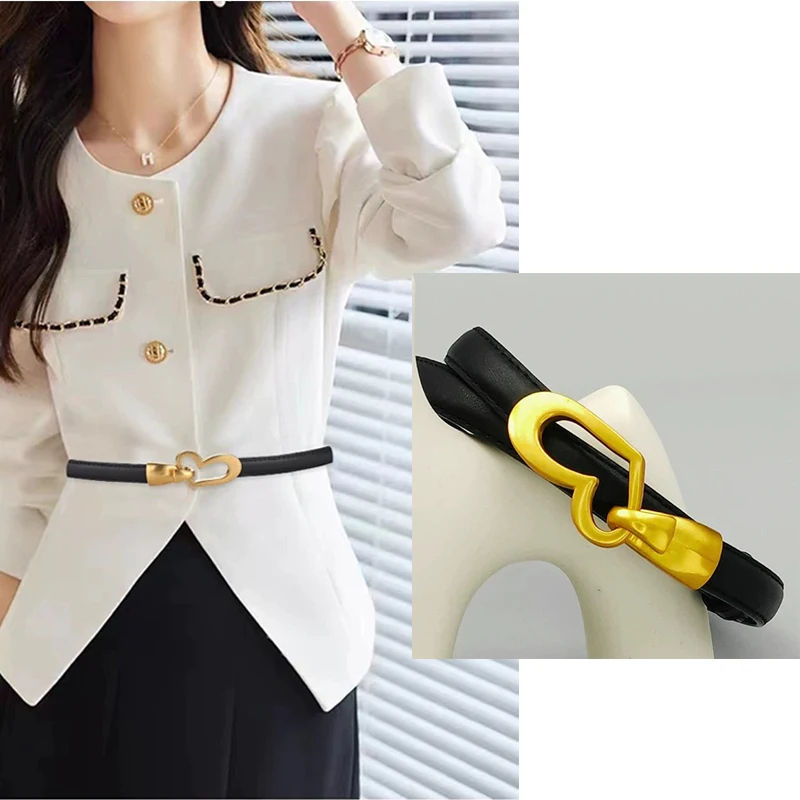 

Thin Belt Women's Fashion Casual Accessories Luxury Design Girdle Korean Corset Adjustable Golden Love Metal Buckle Female Belts