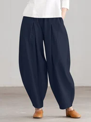 Wiosenne damskie spodnie elastyczne w talii na co dzień Pantalon 2024 ZANZEA spodnie w stylu Vintage Oversize Palazzo workowate rzepa luźne spodnie z szerokimi nogawkami
