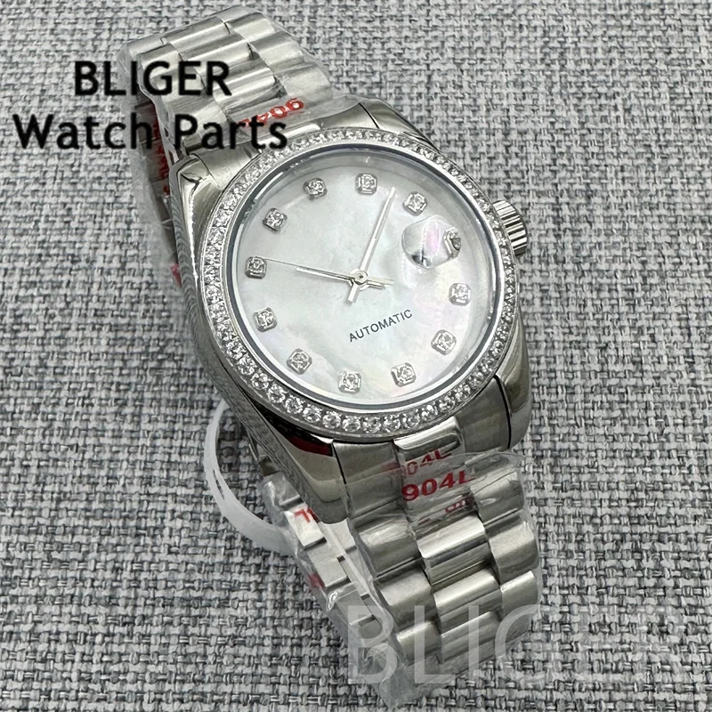 BLIGER 여성용 기계식 시계 31mm 다이아몬드 시계 케이스 인덱스 핑크 쉘 다이얼 사파이어 NH05 무브먼트 100m 방수