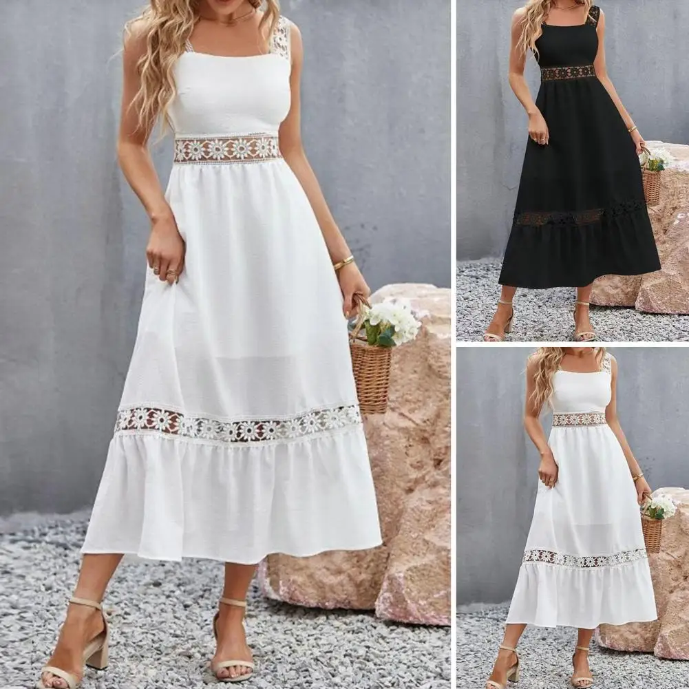 Boho Lace Dress Women White Beach Long Dress Summer Casual Patchwork Maxi Dress Sleeveless V Neck Sundress Elegant Party Dress