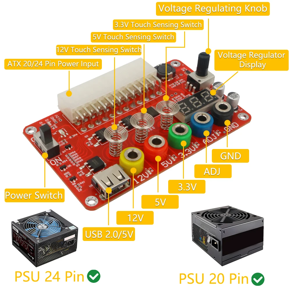ATX Power Supply Breakout Board and Acrylic Case Kit with ADJ Adjustable Voltage Knob and Touching Sensor Switch, Supports 3.3V,