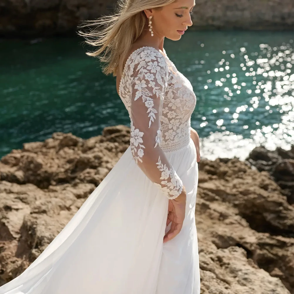 Sexy Long Sleeves Wedding Dresses V Neck Bridal Growns Applique Lace Zipper Evening Dresses Customized Chiffon Vestidos De Novia