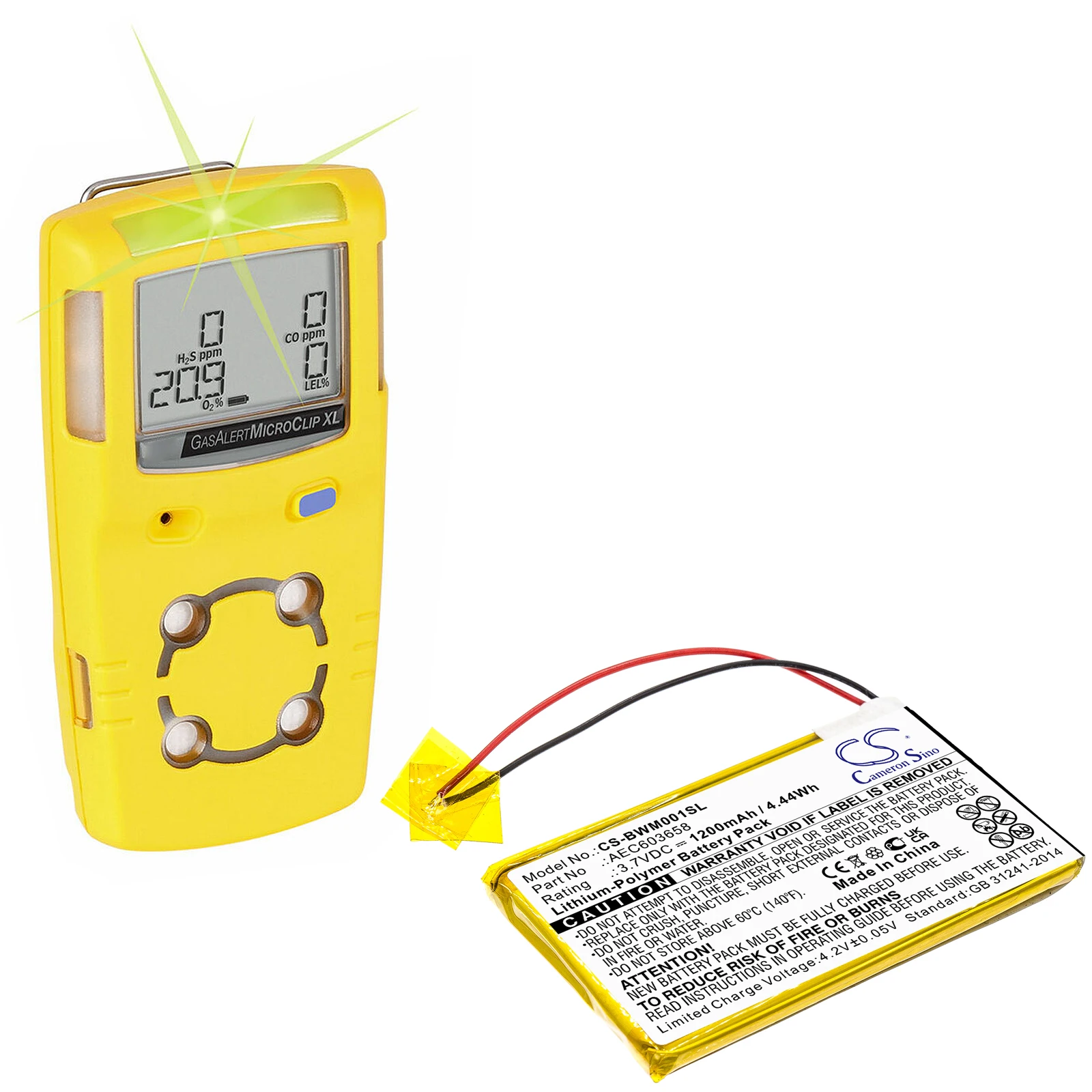 3.7V 1200mAh/4.44Wh battery AEC603658 for BW Gasalert Microclip Gas Detector,GasAlert Micro Clip XL,MCXL-MPCB1,MC-XW00,MC-XW00-Y