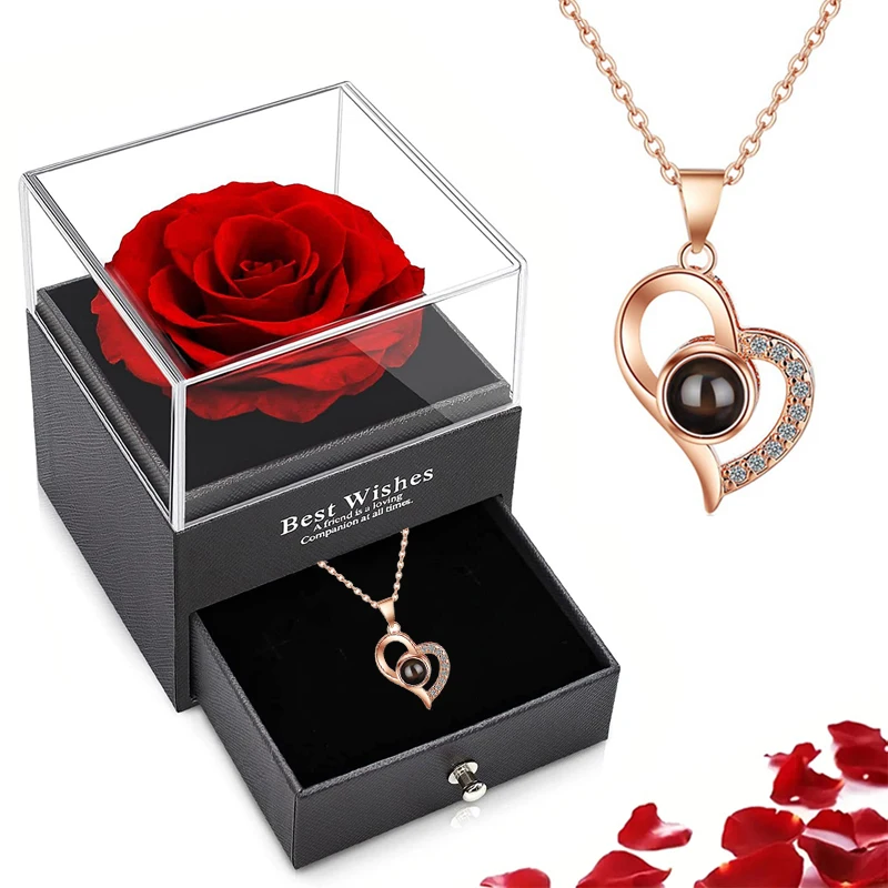 Projection Necklaces With Rose Gift Box 100 Languages I Love You Heart Pendant For Women Stainless Seels Chain Wedding Jewelry