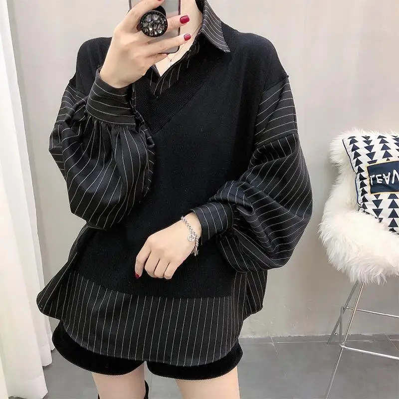 Fashion Spliced Striped Fake Two Pieces Blouses Women\'s Clothing 2023 Autumn Winter Loose Casual Pullovers Asymmetrical Shirts