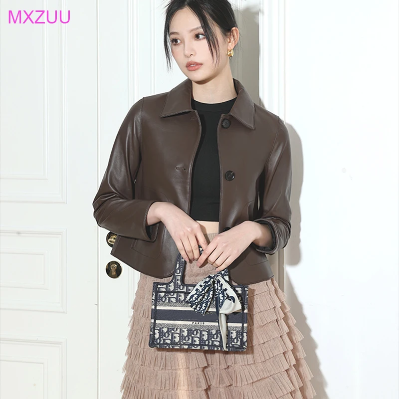 Women's Sheepskin Short Tops Harajuku Fashion Jassen Dames Slim Jaqueta De Couro Legítimo Square Collar Trendy Streetwear Coat