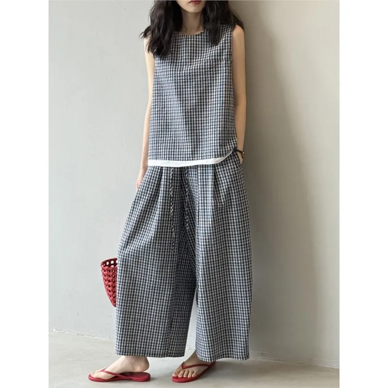 

Johnature Korean Checked Vest Fake Two-piece Suits 2025 Summer Loose Wide-leg Slacks Women Casual Two-piece Sets New