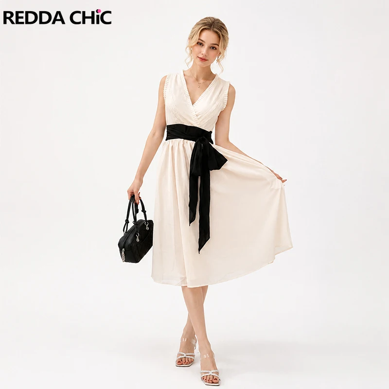 REDDACHiC Women's Contrast Belt Chiffon Dress Going Out V-neck Cinched Waist Ruffle Sleeveless Long Dress Office Summer Clothes