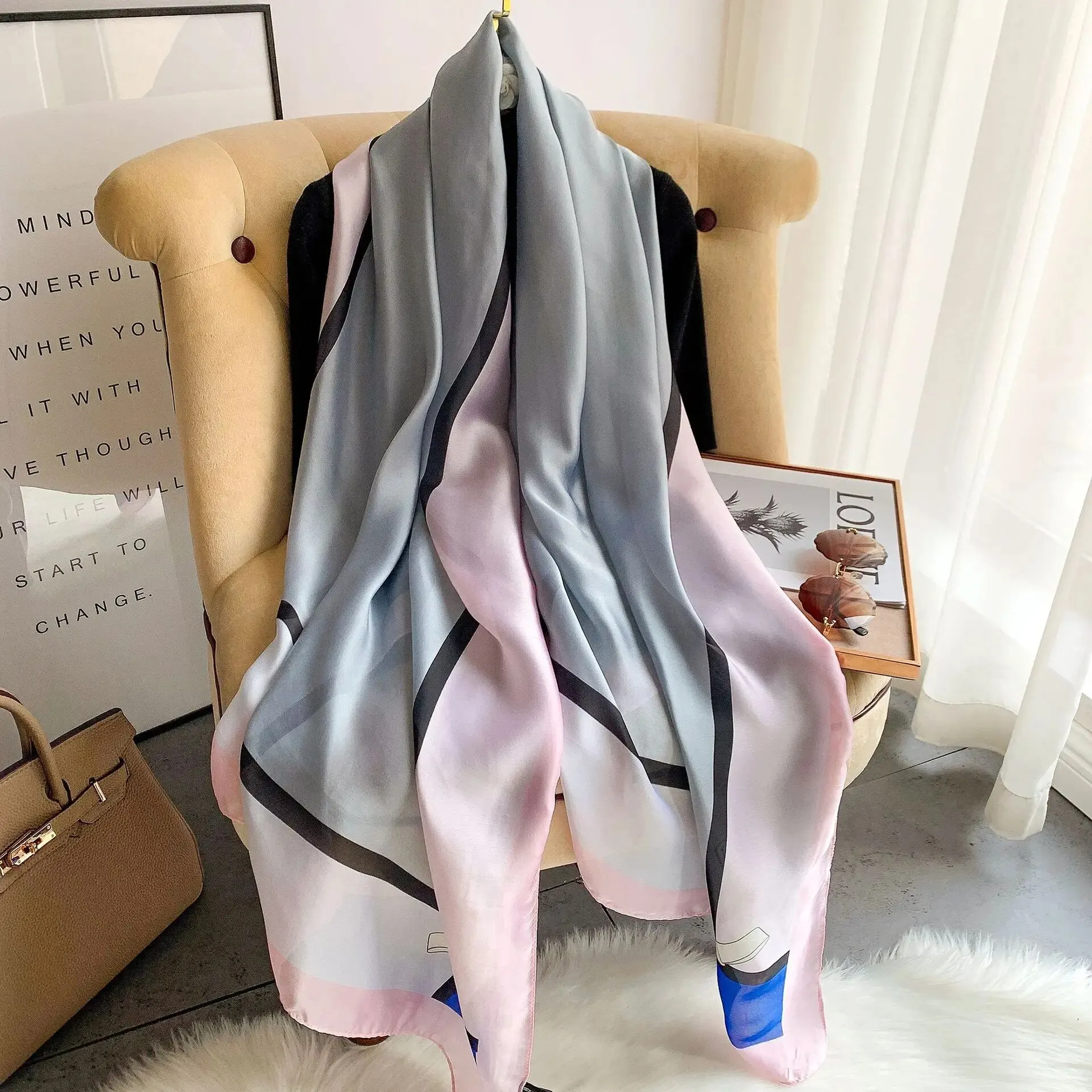 90*180cm Woman Silk Scarves Custom Printing Designer Luxury Satin Hijab Head Scarf for Women Long Shawls for Ladies