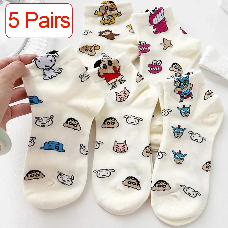 5 pares de calcetines deportivos Crayon Shin-chan para mujer, calcetines de tubo medio para otoño y verano, calcetines transpirables cómodos que absorben el sudor