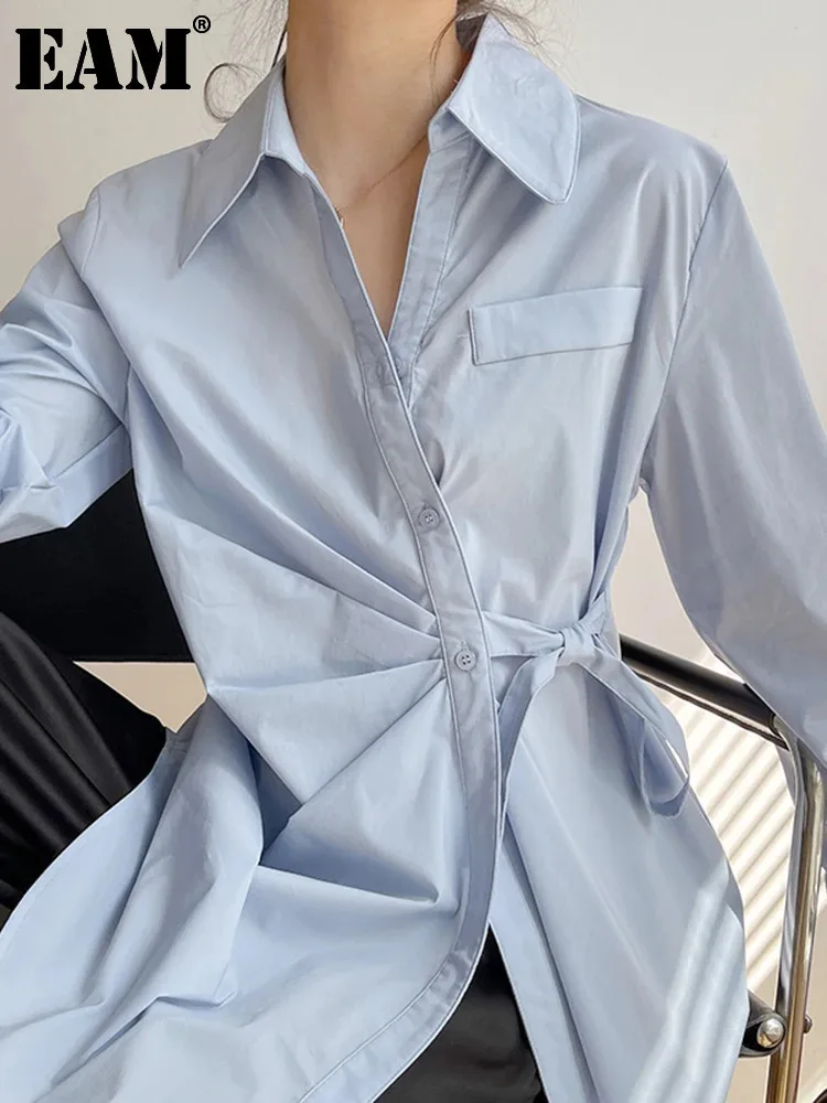 

[EAM] Women Blue Pleated Bandage Big Size Blouse New Lapel Long Sleeve Loose Fit Shirt Fashion Tide Spring Autumn 2024 1DE2211