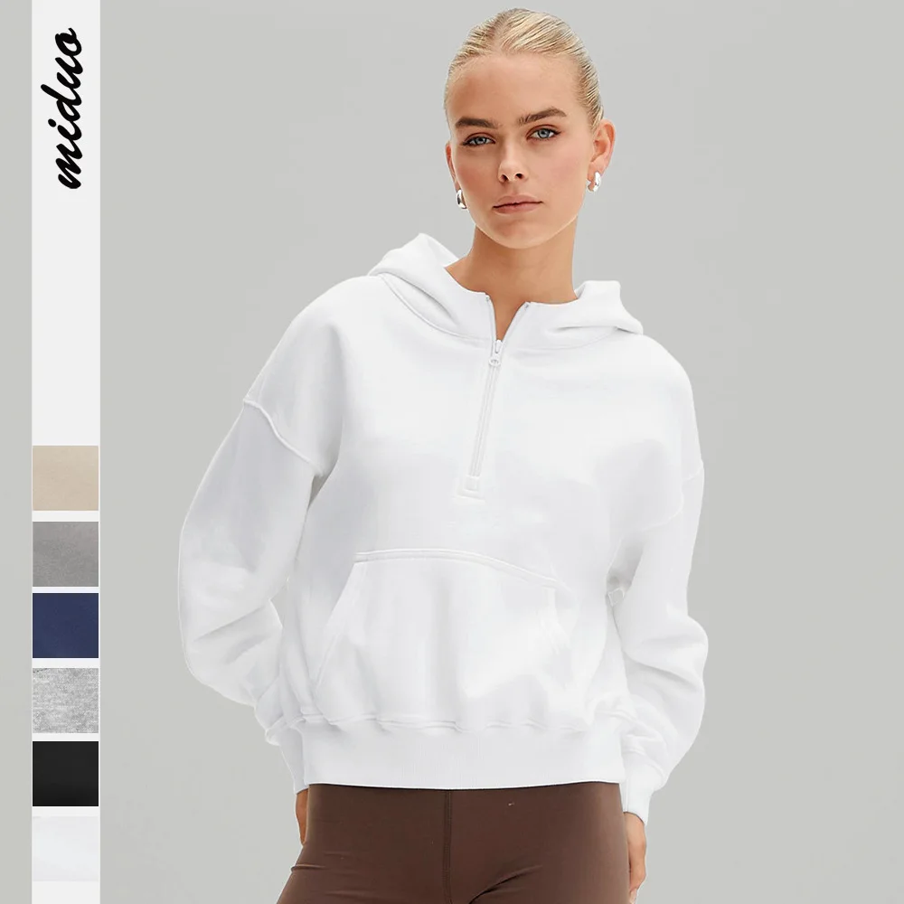 Women's Pullover Spring Autumn Female Solid Color Half Zipper Long Sleeve Tops Lady's Loose Casual Hooded Sweatshirt Coat