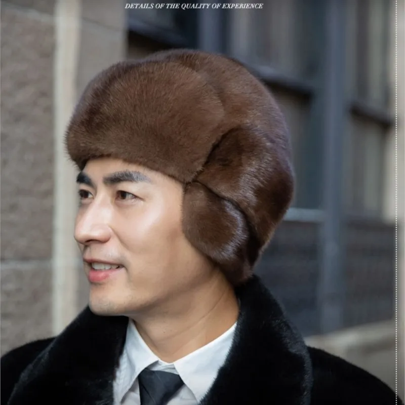 Leather fur for men real hair earwarmers the elderly