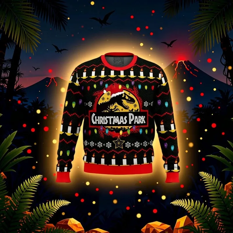 Family Matching Jurassic JP Ugly Christmas Sweater Style Crew Neck Sweatshirt Winter Family Holiday Party Outfit Christmas Gift