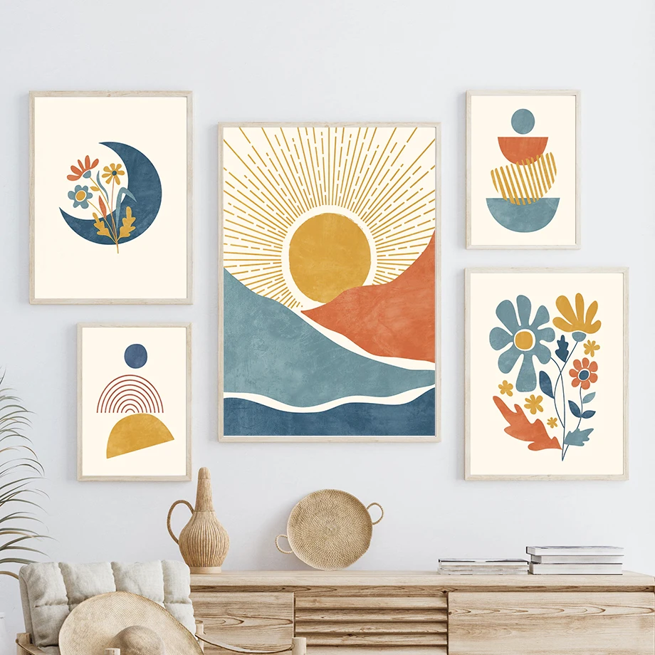 Boho Abstract Geometric Sun Mountain Flower Rainbow Wall Art Canvas Painting Posters And Prints Wall Pictures Living Room Decor