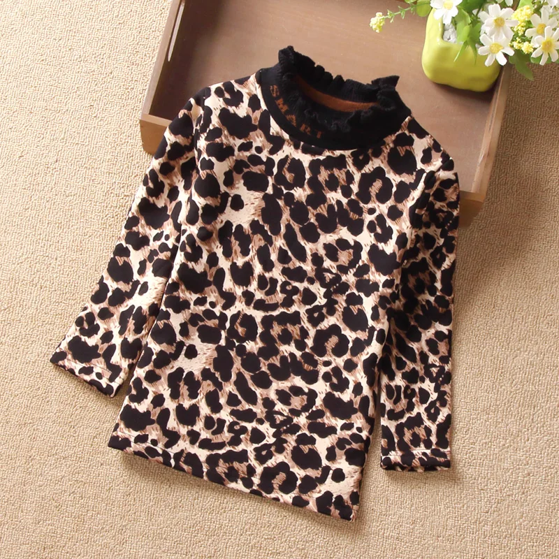 Baby top winter Children's clothing girls' turtleneck velvet bottoming shirt new leopard print soft waxy  jumper kids clothes