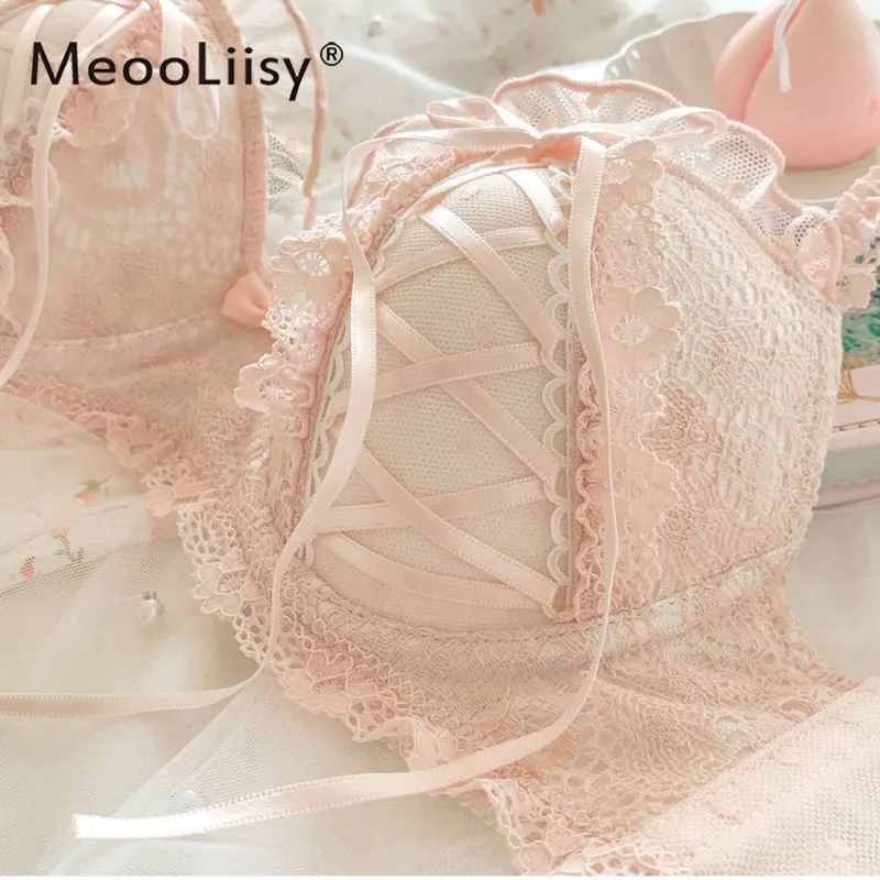 MeooLiisy Floral Embroidery Lingerie Set Sweet Push Up Bra Set Lace No Wire Underwear and Panty Briefs Set