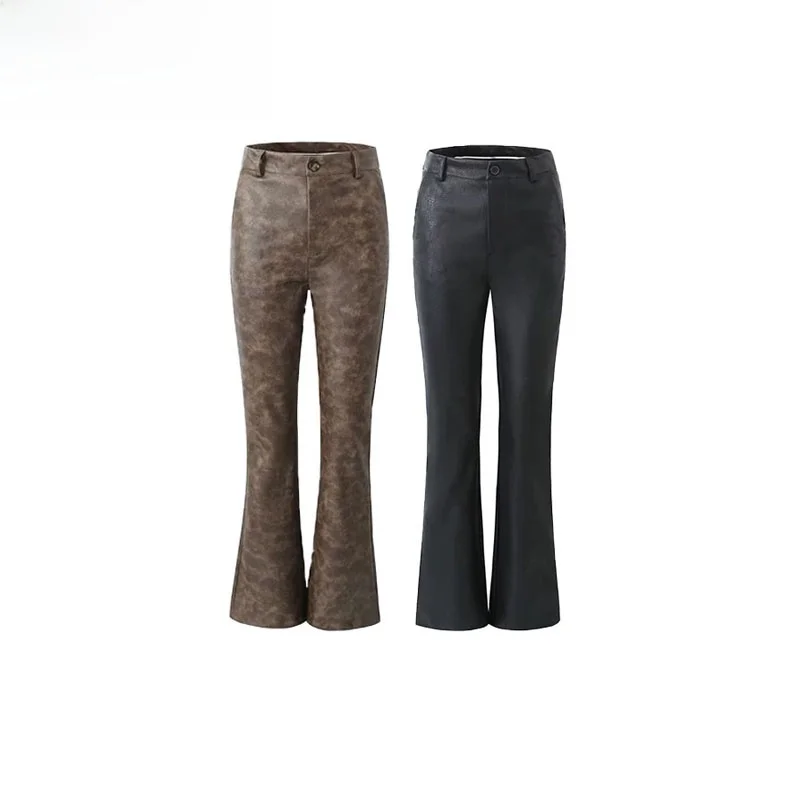Slimming High Waist Straight Leg Micro Flared Long Pants Women's PU Leather Basic Sle Simple Design Autumn Faion Trend
