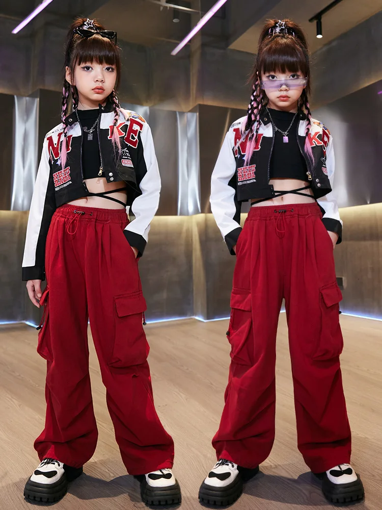 女の子のためのヒップホップダンス服,短いジャケット,赤いカーゴパンツ,ストリートダンスパフォーマンス,パーティー衣装,dl11076