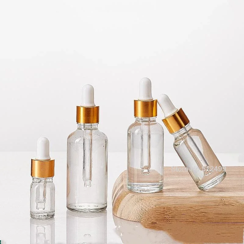 Druppelaar Fles Gouden Dop Transparante Glazen Pipetflessen Voor Parfum Essence Etherische Olie Reagens Aromatherapie Vloeibare Cosmetische