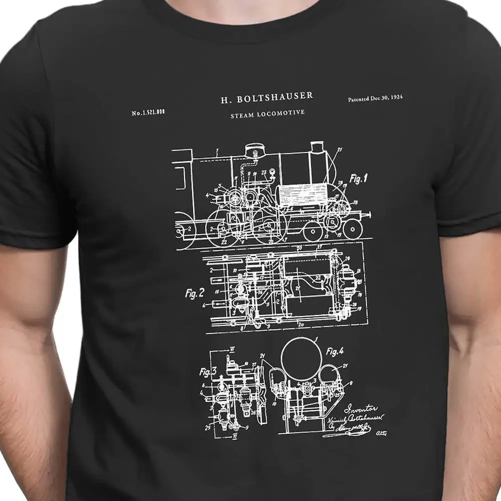 Steam Engine Locomotive T Shirt Train Patent Railroad Conductor Engineer Pt354