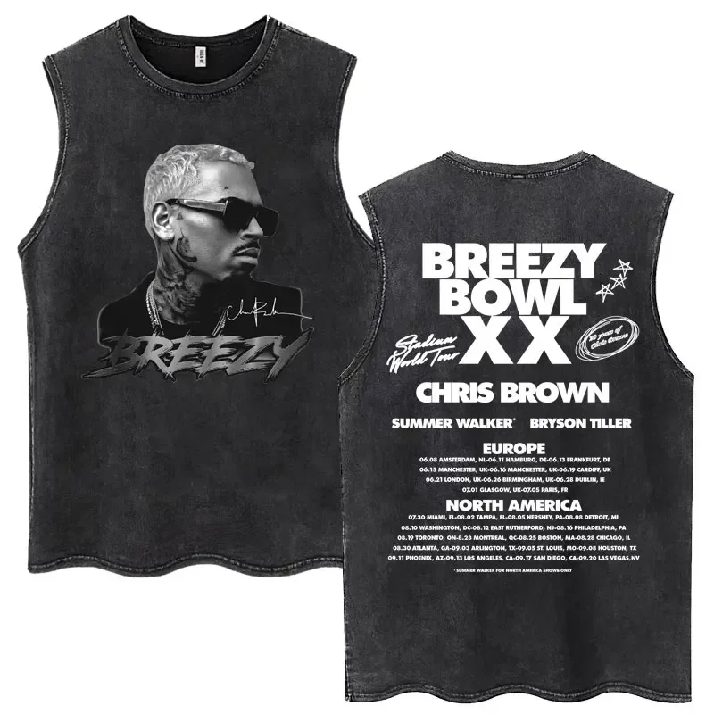 Customization Chris Brown Breezy Bowl XX 2025 Tour Washed Tank Tops Hip Hop Gothic Vintage Men Oversized Sleeveless T Shirt Loos
