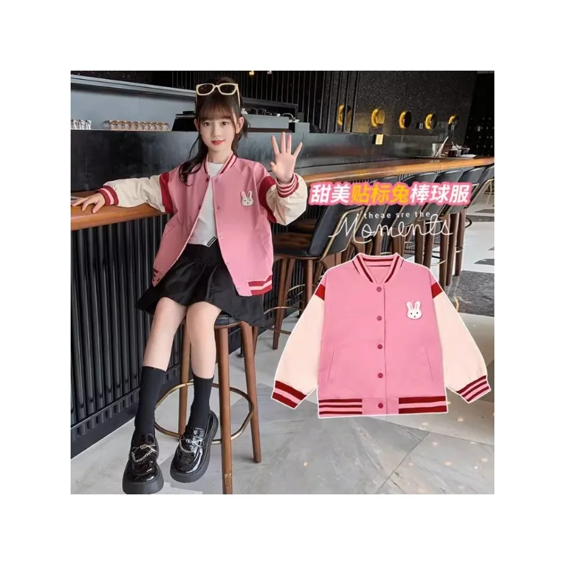 

2023New Color Matching Skateboard Rabbit Embroidered Baseball Uniform Korean Style Fashionable Casual Jacket Kids Clothes Girls