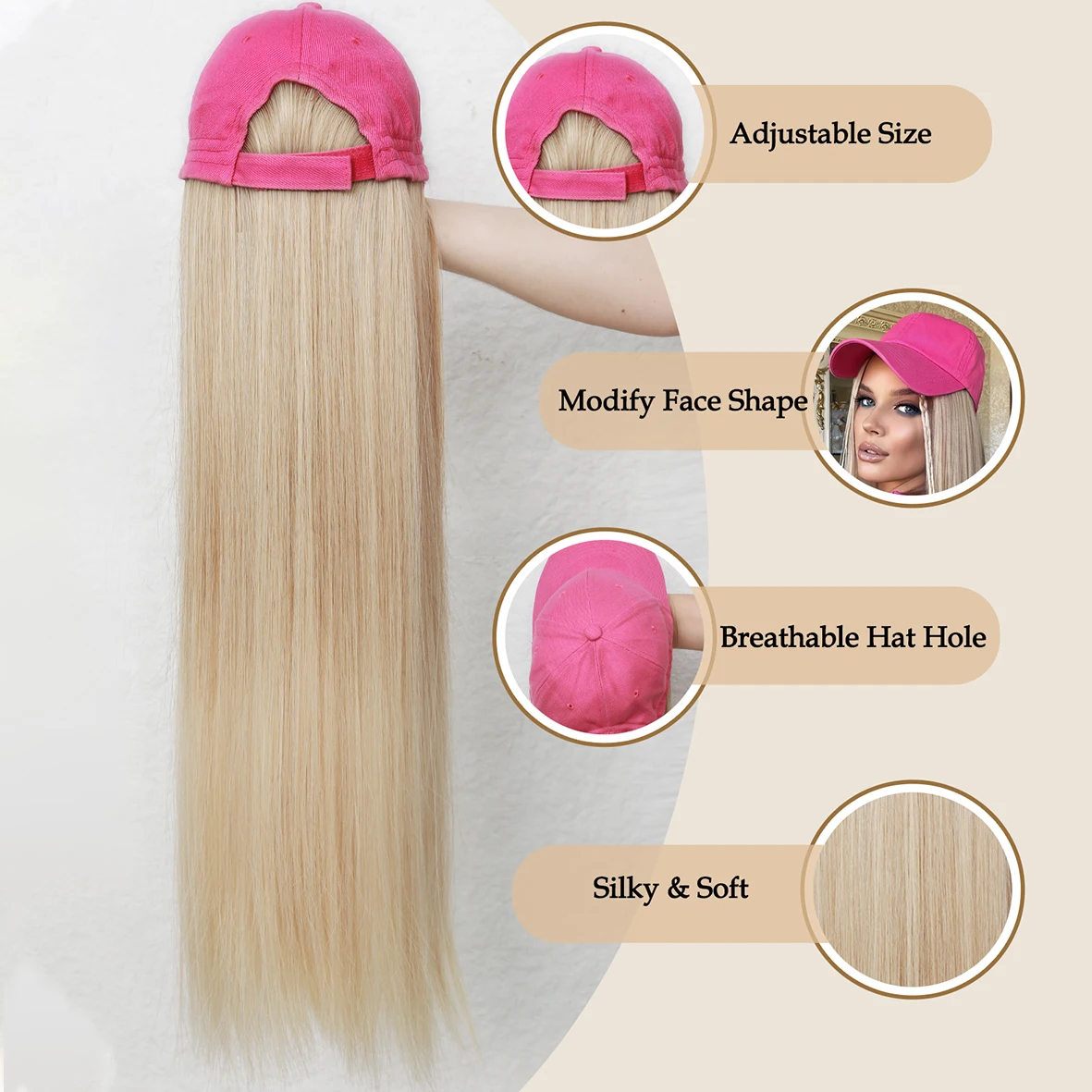 Long Straight Synthetic Baseball Cap Hair Wig for Girl Hair Wig Naturally Connect Hat Wigs Adjustable