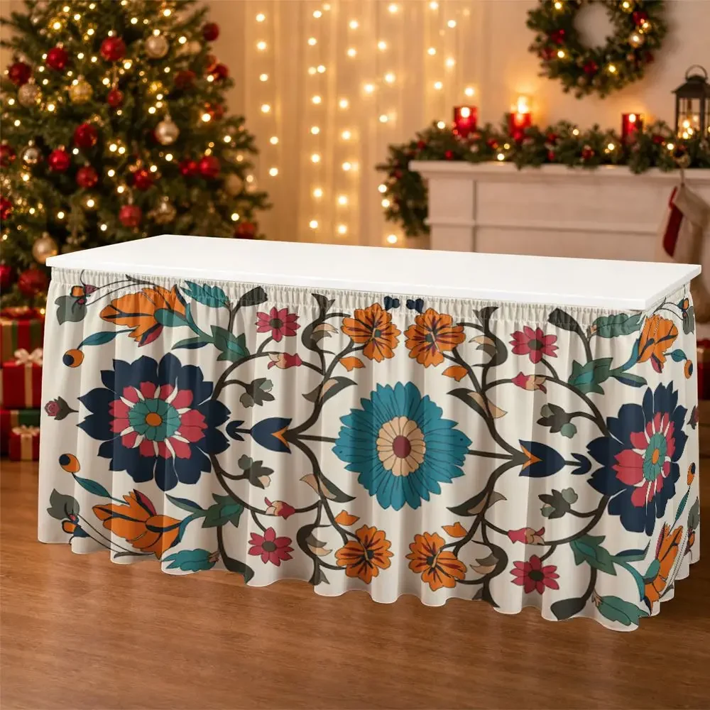 One party table skirt. A floral vine patterned printed ruffled tablecloth suitable for garden tea parties.