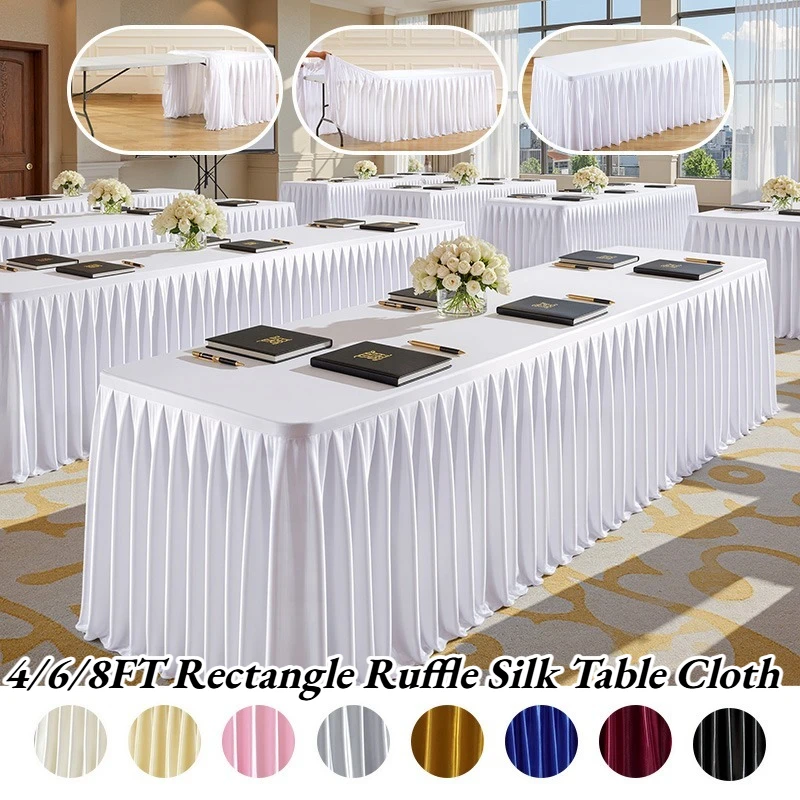 4/6/8FT Satin Table Skirt Rectangle Ruffle Silk Table Cloth for Wedding Birthday Party Baby Shower Banquet Cake Table Decoration